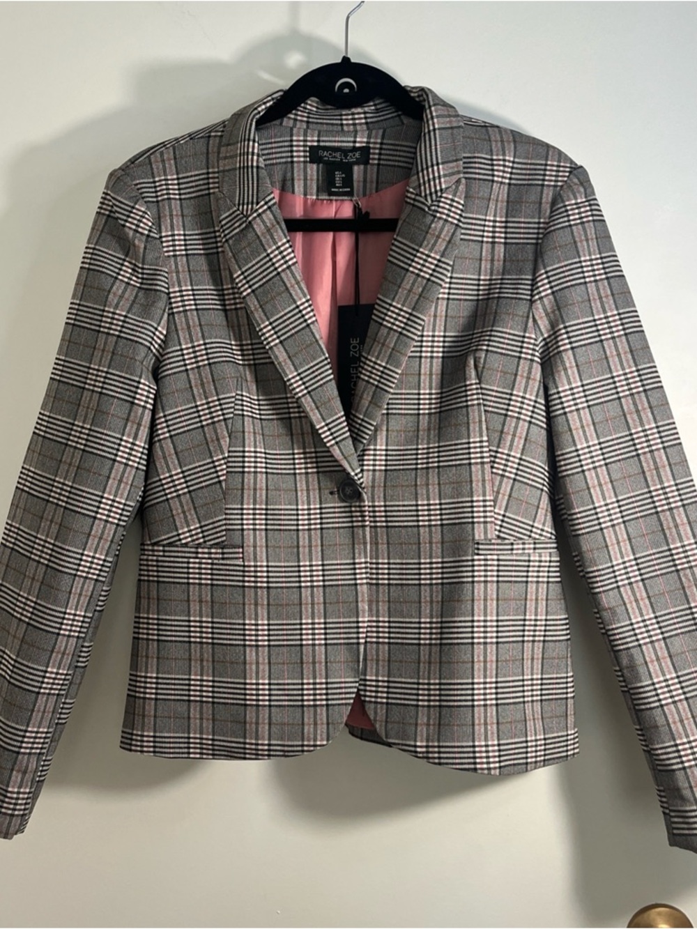 NWT Rachel Zoe Gray Pink Plaid Tailored Blazer Large Lined Career Wear Preppy